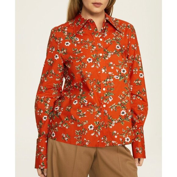 New Tory Burch Orange Floral Cotton Poplin Shirt sz 6 $228 - Picture 2 of 11